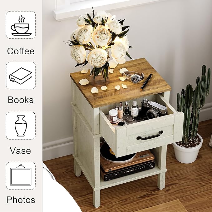 White Farmhouse Nightstand with Drawer, Small Wooden Bedside Table, White End Table, Bedroom Side Table with Storage, Rustic Wood Night Stand LET512WR