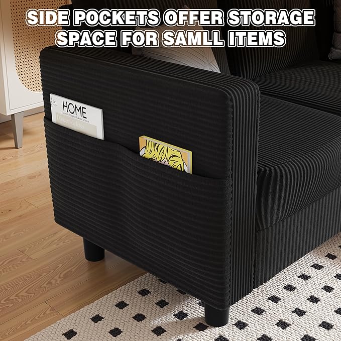 JAMFLY Convertible L-Shaped Sectional Sofa with Reversible Storage Ottoman, 3-Seat Couch with Side Pockets, Modern Compact Furniture for Small Apartments, Studios & Lofts, Black