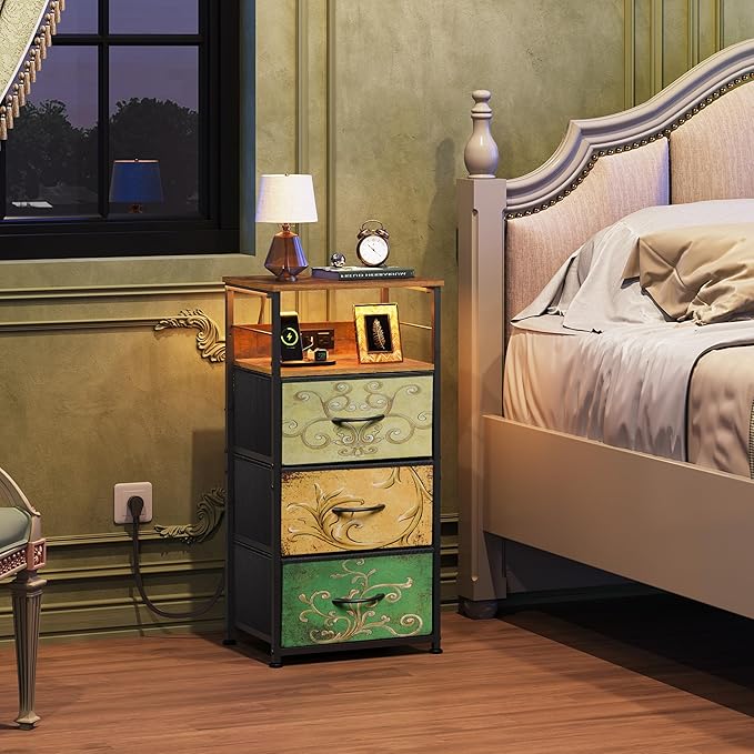 WLIVE Nightstand with Charging Station, 31.9" H Nightstand with 3 Fabric Drawers, LED Bedside Table with USB Ports and Outlets, End Table for Dorm, Bedroom, Entryway, Floral Painted
