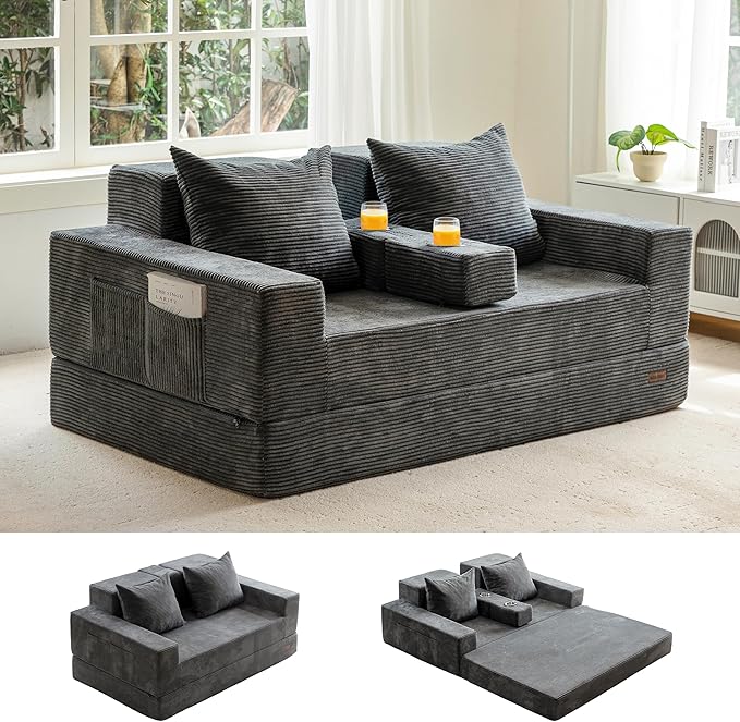 MAXYOYO Loveseat Sofa Bed, 64" Foldable Floor Sofa Couch in A Box with 2 Cup Holders, 4 in 1 Convertible Boneless Couch Folding Recliner Sleeper Chair for Living Room,Charcoal Grey