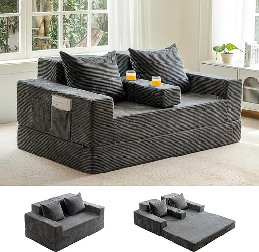 MAXYOYO Loveseat Sofa Bed, 64" Foldable Floor Sofa Couch in A Box with 2 Cup Holders, 4 in 1 Convertible Boneless Couch Folding Recliner Sleeper Chair for Living Room,Charcoal Grey