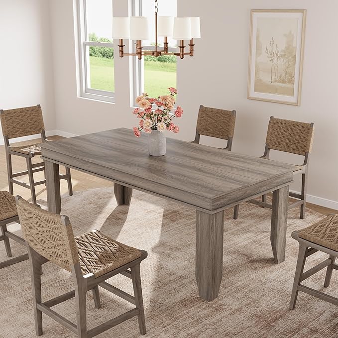 GarveeHome Farmhouse Dining Table for 6-8 People, 71 in Long Kitchen Tables with Wooden Sturdy Frame, 6 ft Large Rectangular Dinner Table for Dining Room, Kitchen, Grey Walnut, 71" Non-extendable