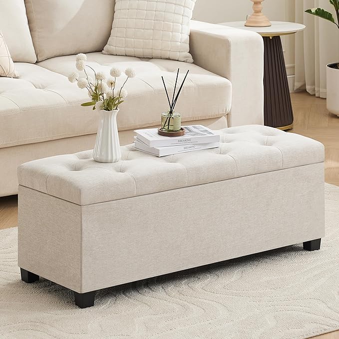 Mangodan 43 Inch Linen Storage Ottoman Bench, Foot Rest with Legs, End of Bed Bench, Storage Chest, Load up to 660 Lb, Ottoman with Storage Bench for Living Room, Bedroom, Entryway (Light Beige)