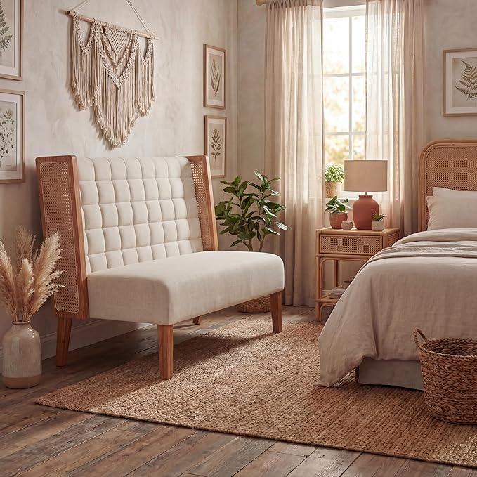 Andeworld Loveseat Settee Bench with Rattan Arms, Upholstered Modern Mini High-Back Sofa Couch,Banquette Dining Bench for Living Dining Room Bedroom Office Small Space Entryway，Beige
