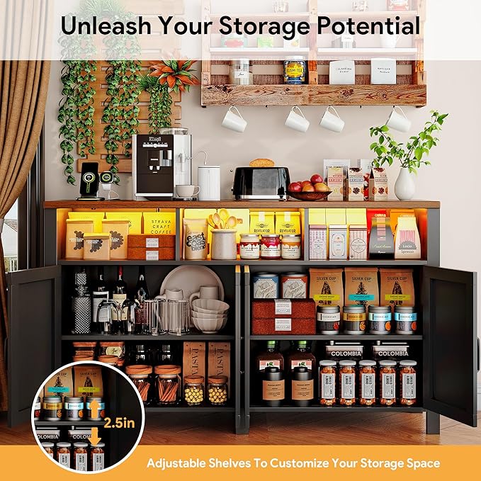 knoworld Buffet Sideboard with Storage with Power Outlets & LED Light 4 Doors, 55'' Large Farmhouse Kitchen Storage Cabinet Wood Coffee Bar Cabinet Buffet Table for Kitchen, Dining Room, Entryway