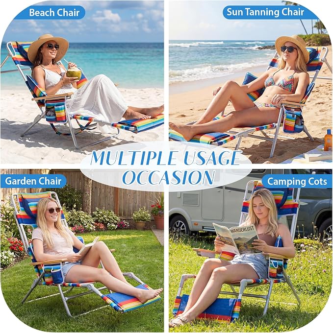 5-Positon Backpack Beach Chair, Portable Folding Tanning Chair, Double Shoulder Straps Beach Lounge Chair with Footrest, Face Hole, Towel Bar for Camping (Red Blue, 60.6")
