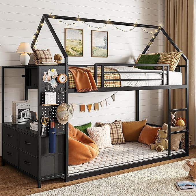 LIKIMIO Bunk Bed Twin Over Twin, House Bed Frame with 6 Storage Drawers,Hall Tree, Twin Bed with Metal Slats for Dormitory and Bedroom, Space Saving, No Box Spring Needed, Black