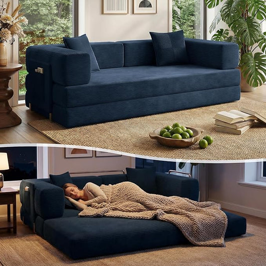 78.8" Convertible Sofa Bed with Armrest Pillow, 4-in-1 Sleeper Couch Bed for Livingroom, Modular Corduroy Boneless couches, No Assembly (Blue)
