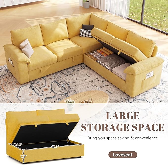 85 Inch Modular Sectional Sofa with Pull Out Bed, L Shaped 5 Seat Sectional Sleeper Sofa with Storage, Sectional Couches for Living Room, Cloud Modular Couch,Removable Sofa Cover,Yellow
