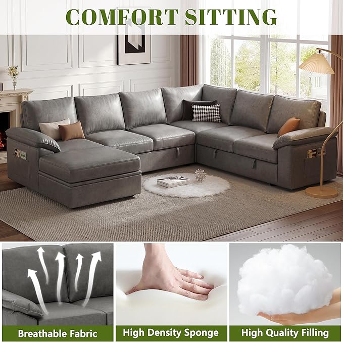 108 Inch Faux Leather Modular Sectional Sofa with Pull Out Bed,U Shaped 7 Seat Sectional Sleeper Sofa with Storage,Sectional Couches for Living Room,Cloud Modular Couch,Gray Leather
