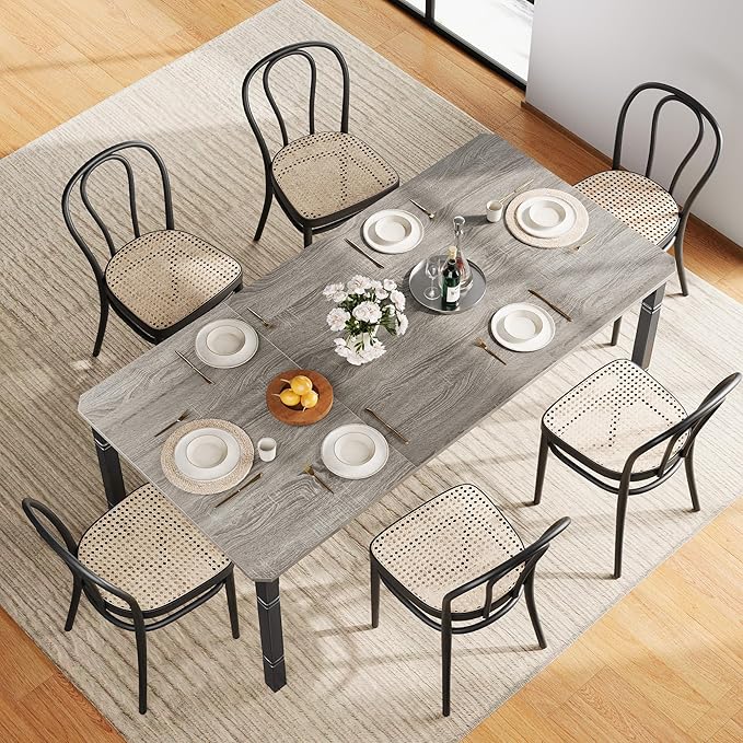 Garvee Large Dining Table for 6-8 People, 71" Wooden Kitchen Table with Sturdy Metal Frame, Dining Room Table for Dining Room, Kitchen, Black Leg & Grey