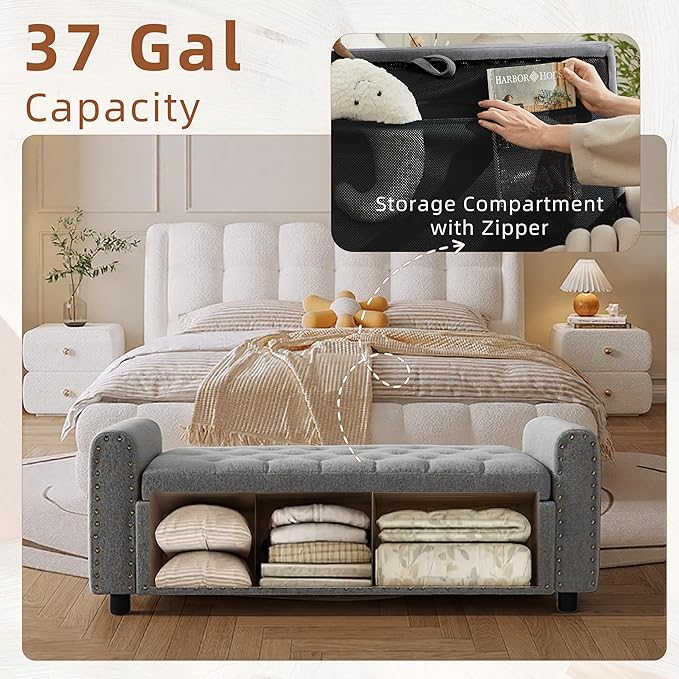 48" Ottoman with Storage, Tufted Storage Ottoman Bench, Convenient Living Room Fabrics Bench Seat, Entryway Shoe Benches with Inner Zipper&Arm, Upholstered Window Seat Ottomans with Rivets, Dark Grey