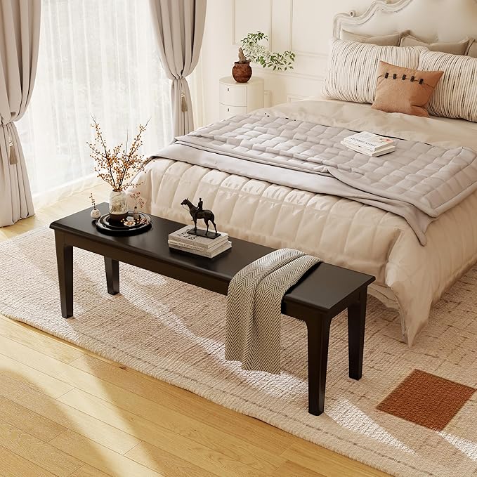 Dining Bench 55.1" Wood Solid Oak Wooden Bed End/Entryway Bench for Bedroom Living Room Kitchen(Black)