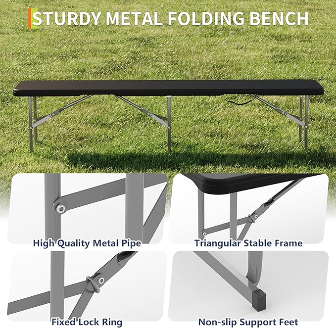 Garvee 6FT Folding Bench 2 Pack, Plastic Portable Folding Bench Seat with Carry Handle & Lock for in/Outdoor Activities, Picnic, Soccer, Caming Dining Seat, Black