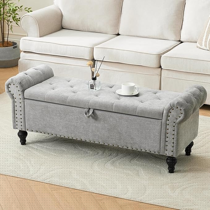 51" Storage Ottoman Bench, End of Bed Bench for Bedroom, Window Benches for Foot of Bed, Chenille Upholstered Benches, Storage Ottomans for Living Room, Entryway, Light Gray