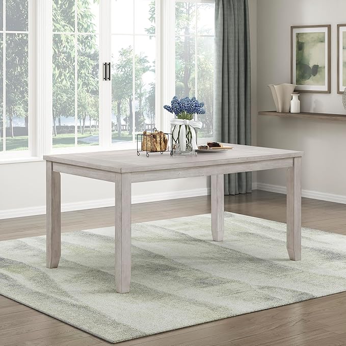 Lexicon 60" Farmhouse Dining Table for 4-6 People, Solid Wood Frame Acacia Veneer Rectangular Kitchen Table, for Kitchen, Dining Room, Living Room, Assembly Required, Brushed Antique White Finish