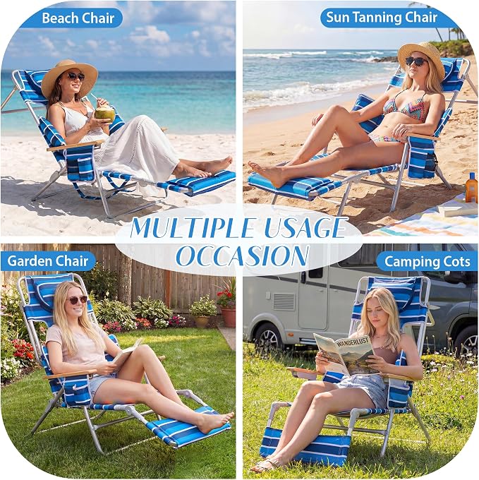 5-Positon Backpack Beach Chair, Portable Folding Tanning Chair, Double Shoulder Straps Beach Lounge Chair with Footrest, Face Hole, Towel Bar for Camping (Blue White, 60.6")