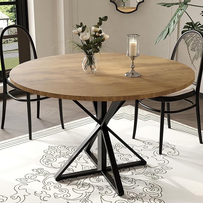 GarveeHome 47 Inch Round Dining Table for 4, Circle Kitchen Table with Pedestal Base, Farmhouse Wooden Dining Table for Small Spaces, Kitchen & Dining Room, Living Room（Brown/Only Table）