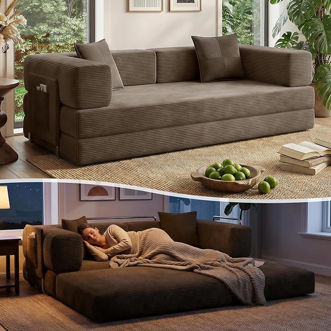 78.8" Convertible Sofa Bed with Armrest Pillow, 4-in-1 Sleeper Couch Bed for Livingroom, Modular Corduroy Boneless couches, No Assembly (Brown)