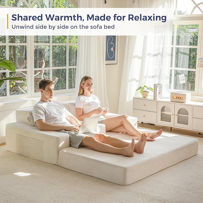 MAXYOYO Loveseat Sofa Bed, 64" Foldable Floor Sofa Couch in A Box with 2 Cup Holders, 4 in 1 Convertible Boneless Couch Folding Recliner Sleeper Chair for Living Room, No Assembly Required, Beige