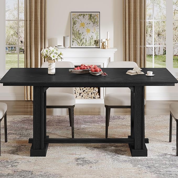 DWVO Farmhouse Dining Table for 6-8 People, 70" Long Kitchen Tables with Wooden Sturdy Legs, Large Rectangular Dinner Table for Kitchen, Dining Room, Living Room, Black