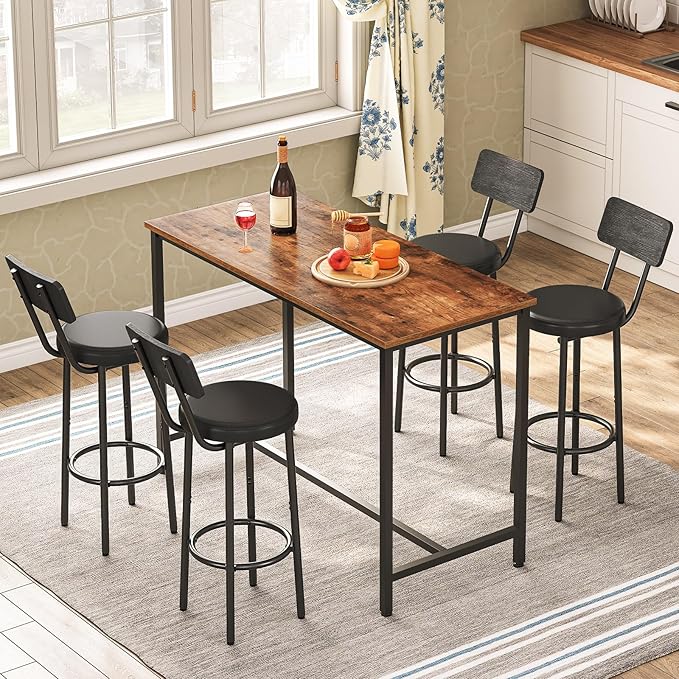 HOOBRO Bar Stools, Set of 2 Bar Stools with PU Upholstered, Bar Chairs with Footrest and Back, 26" Bar Stools for Kitchen Island, Dining Room, Easy to Assemble, Black BK31BY01G2