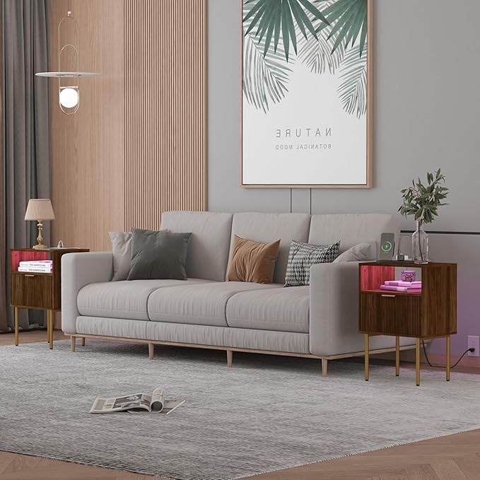 JOONEE Nightstand with Outlet and Led Light, Bedside Table with Storage Drawer, Fluted Side Table for Living Room, Bedroom