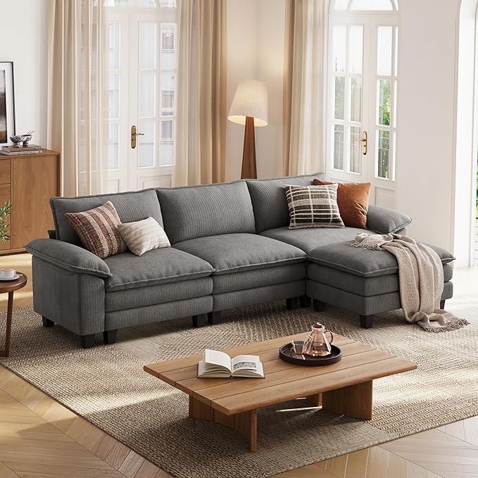 LINSY HOME 123" Modular L-Shaped Sectional Sofa, 3-Seat Corduroy Modern Cloud Couch with Deep Seat & 1 Movable Ottoman, Perfect for Living Room, Office, Bedroom, Grey