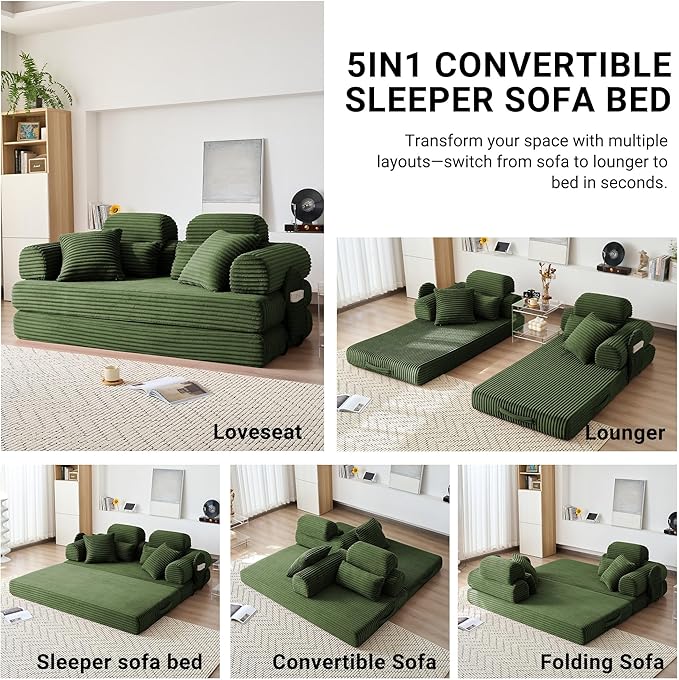 78.8" Convertible Sofa Bed with High Backrest Headrest, 5-in-1 Corduroy Boneless Couch with Side Pocket, Sleeper Loveseat Couch Bed Sectional Couches for Living Room, No Assembly, Light Green