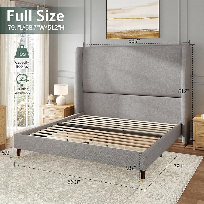 Jocisland Full Bed Frame 51.2" Wingback Headboard Linen Upholstered Platform Bed,Solid Wood Legs & Wooden Slats,No Box Spring Needed,Noise-Free,for Teen Room Small Bedroom Cozy Home,Light Grey