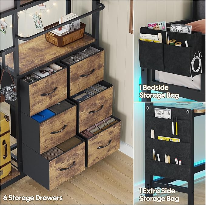 BYSAUD Loft Bed with Desk, Loft Bed Twin Size with 6 Storage Drawers & 4 Storage Shelves,Twin Loft Beds with LED Lights & Charging Station, Bunk Bed with Safety Guard, No Box Spring Needed, Brown