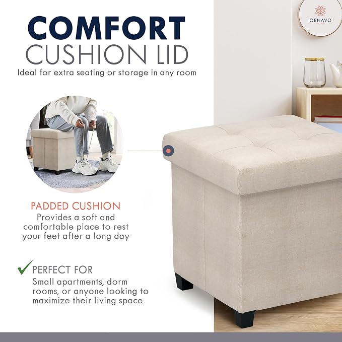 Ornavo Home Storage Ottoman with Legs, Square Cube Foot Rest Stool Seat, for Living Room, Bedroom, Home Office, Dorm - 15 x 15 x 15, Beige