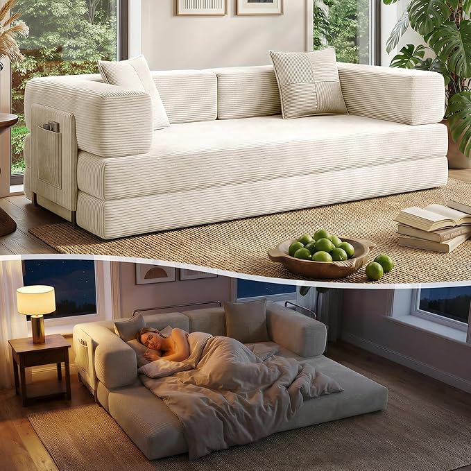 78.8" Convertible Sofa Bed with Armrest Pillow, 4-in-1 Sleeper Couch Bed for Livingroom, Modular Corduroy Boneless couches, No Assembly (Beige)