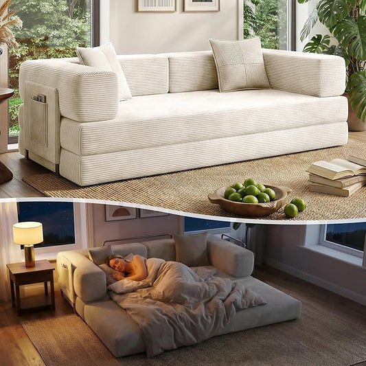 78.8" Convertible Sofa Bed with Armrest Pillow, 4-in-1 Sleeper Couch Bed for Livingroom, Modular Corduroy Boneless couches, No Assembly (Beige)
