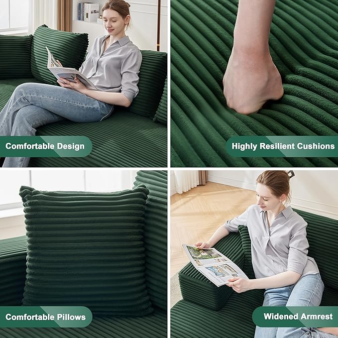 Mangodan 110” Cloud Sectional Couch, Modular Sectional Sofa for Living Room, Boneless Sofa with Deep Seat, Comfy Fluffy Couch with L-Shaped Chaise, No Assembly Required (Left-Facing Chaise, Green)
