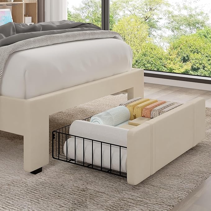 VECELO Twin Size Upholstered Bed Frame with Drawer and Headboard, Velvet Platform Storage Bedframe, Wooden Slats Support, No Box Spring Needed,Bone Beige