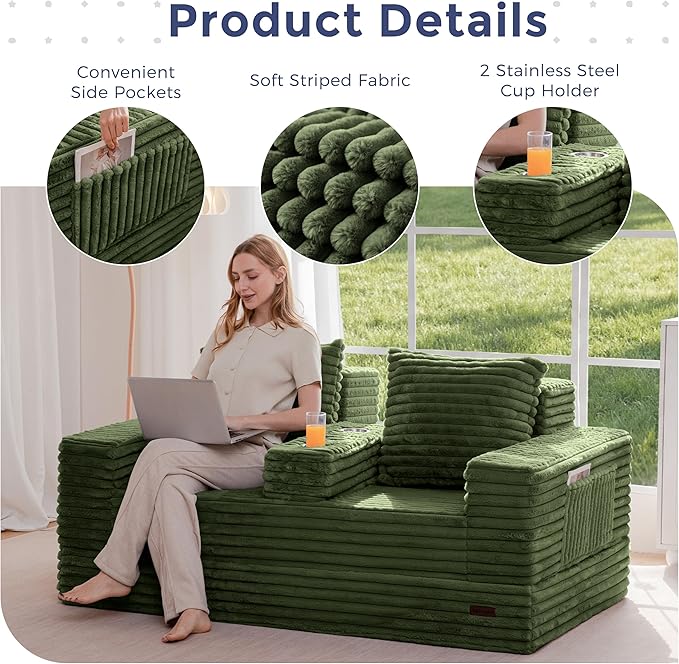 MAXYOYO Loveseat Sofa Bed, Striped Faux Fur Foldable Floor Sofa Couch in A Box, 4 in 1 Convertible Boneless Couch with 2 Cup Holders, Folding Recliner Sleeper Chair, No Assembly Required, Pine Green