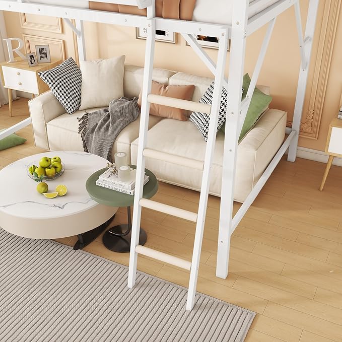 KEIKI Queen Size Metal Loft Bed Frame with Ladder and Built-in Storage Shelves, for Teens, Modern Style Loft Bed with Solid Slats, Guardrail, No Box Spring Required, Easy Assembly, for Bedroom, White
