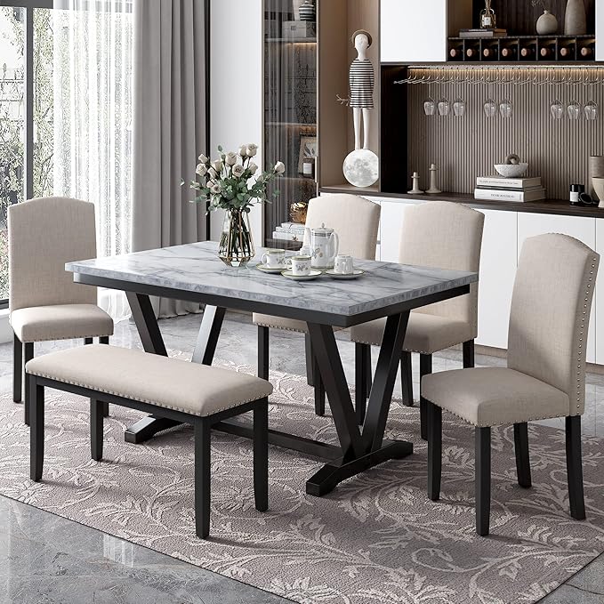 Harper & Bright Designs Modern Style 6-Piece Dining Table with 4 Chairs & 1 Bench, Table with Marbled Veneers Tabletop and V-Shaped Table Legs (White)