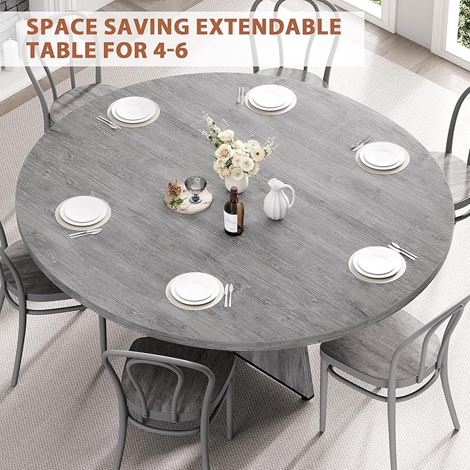 Extendable Dining Table, Round Kitchen Dining Room Dinner Table with for 4 6 8 People, Space Saving Modern Oval Expandale Furniture with Storage and Pedestal for Kitchen Living Room (Grey)