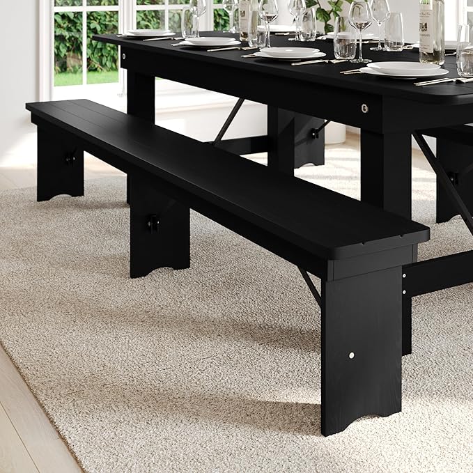 Flash Furniture Hercules Commercial Farmhouse Folding Bench, Antique Solid Pine Entryway Bench, Foldable Locking Legs, 8' x 12", Black Wash