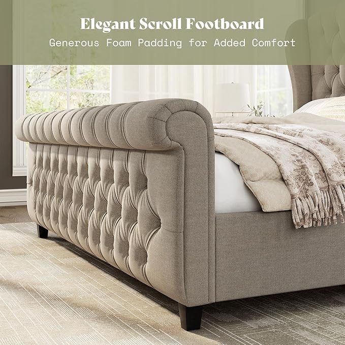 AMERLIFE Queen Size Platform Bed Frame, Linen Upholstered Sleigh Bed with Scroll Wingback Headboard & Footboard/Button Tufted/No Box Spring Required/Khaki