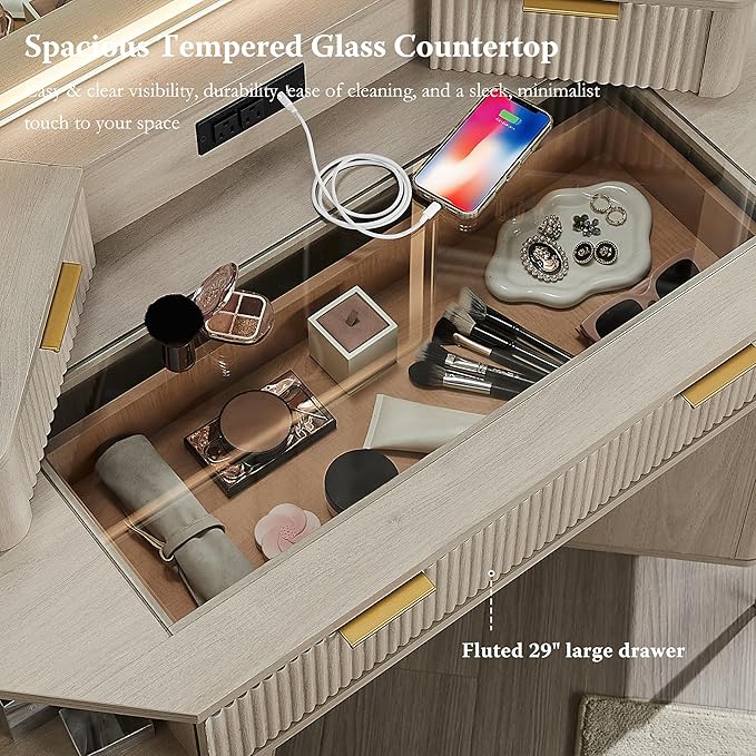 T4TREAM 48" Fluted Makeup Vanity Desk with HD Triple Mirror and Lights, Large Lighted Corner Vanity with Glass Top, Modern Dressing Table with 3 Drawers & 2 Cabinets for Bedroom, White Alder