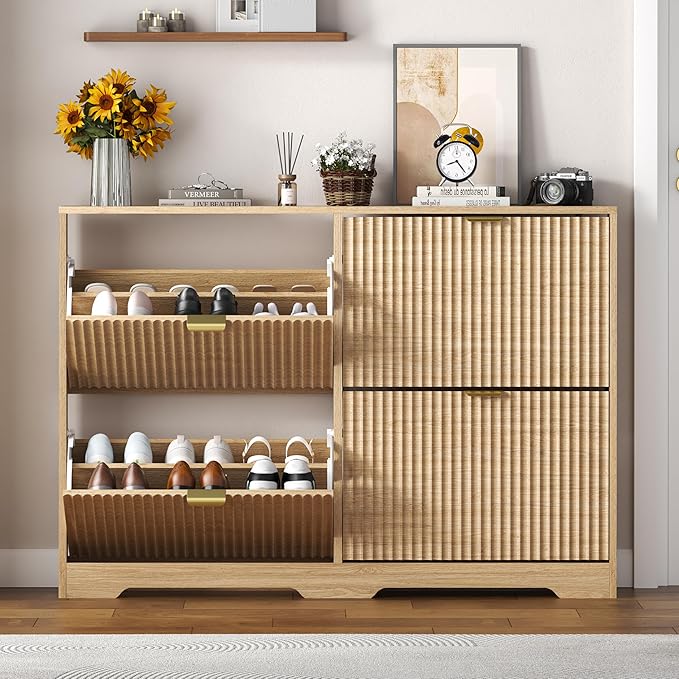 HUANLEGO Shoe Cabinet Storage for Entryway with 4 Flip Drawers, Oak Fluted Shoe Cabinet with Adjustable Shelves, Wooden Hidden Shoes Rack Freestanding Narrow Slim Shoes Storage for Hallway, Entrance