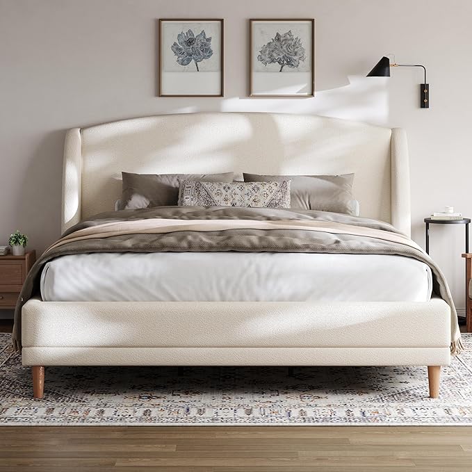 Hazel California King Size Bed Frame, Upholstered Platform Bed, Soft Boucle Headboard, Wood Bed Support and Slats, Curved-Shaped Headboard California King Bed, 43.90" H White