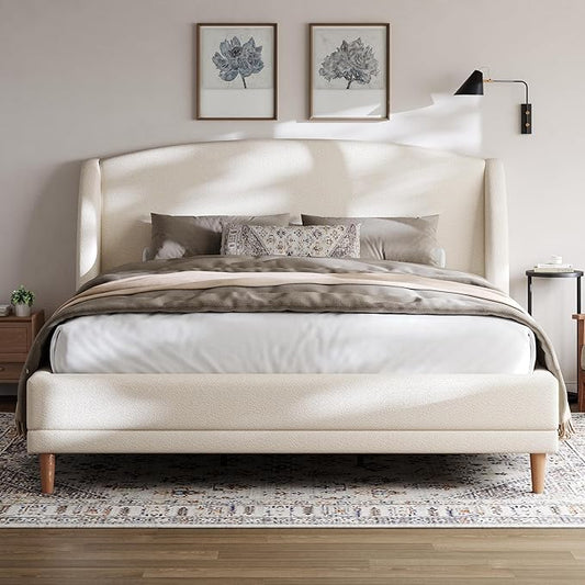 Hazel California King Size Bed Frame, Upholstered Platform Bed, Soft Boucle Headboard, Wood Bed Support and Slats, Curved-Shaped Headboard California King Bed, 43.90" H White