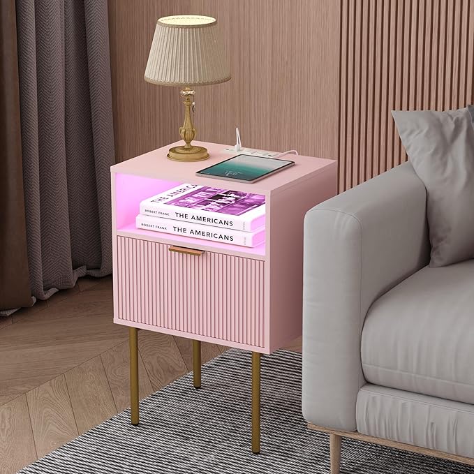 JOONEE Modern Nightstand with Charging Station and LED Lights, White Bedside Table with Drawer, Fluted Side Table for Living Room, Bedroom