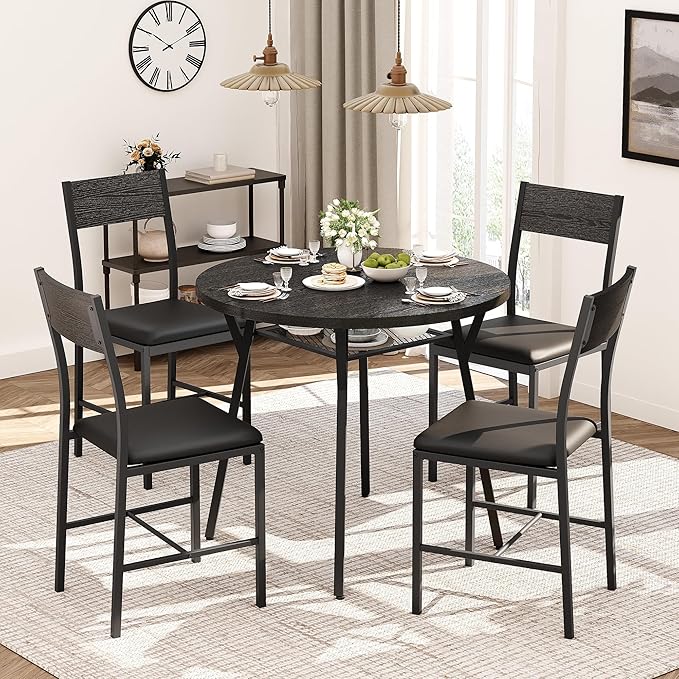 Pamapic Round Dining Table Set for 4, Kitchen Table and Chairs for 4, Dining Room Circle Dinner Pedestal Table, Solid Metal Frame, Space Saving Wood Small Kitchen & Dining Room Furniture, Black