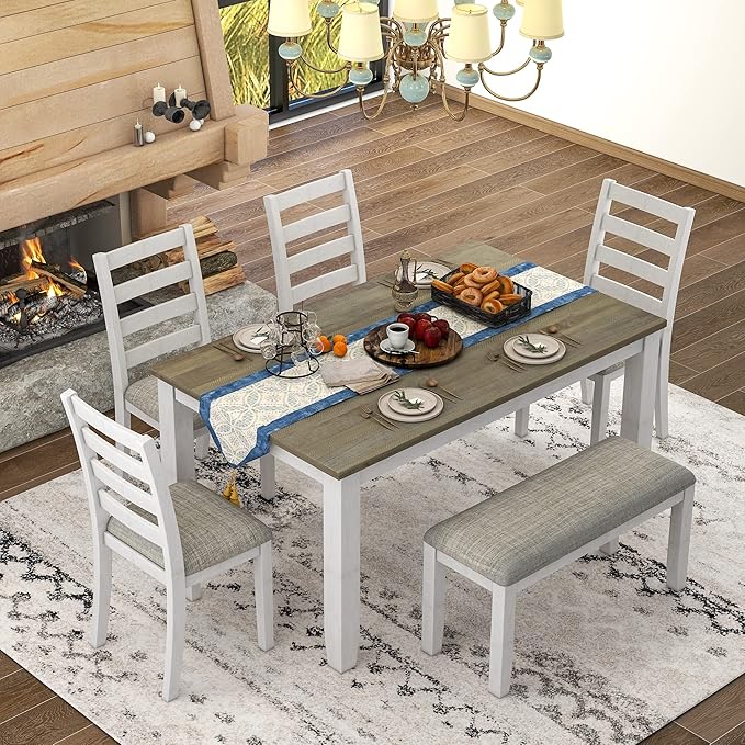 Harper & Bright Designs Rustic Style 6-Piece Dining Room Table Set with 4 Upholstered Chairs & a Bench (Brown + Whitewash)