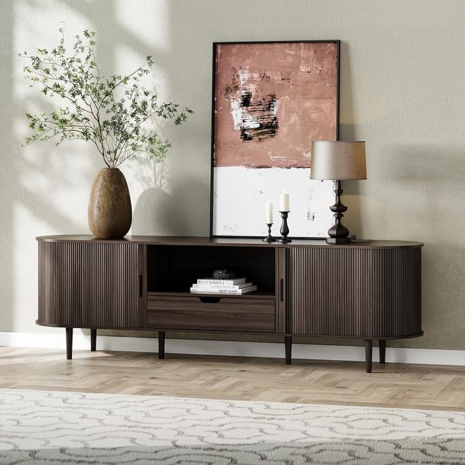 DHH 71" Fluted TV Stand with Power Outlet for TVs up to 80", TV Console with Adjustable Shelves and Sliding Door,Mid Century Modern Entertainment Center for Living Room,Bedroom (Dark Walnut, 71Inch)